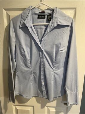 New York & Company Pale Blue Button-Front Blouse